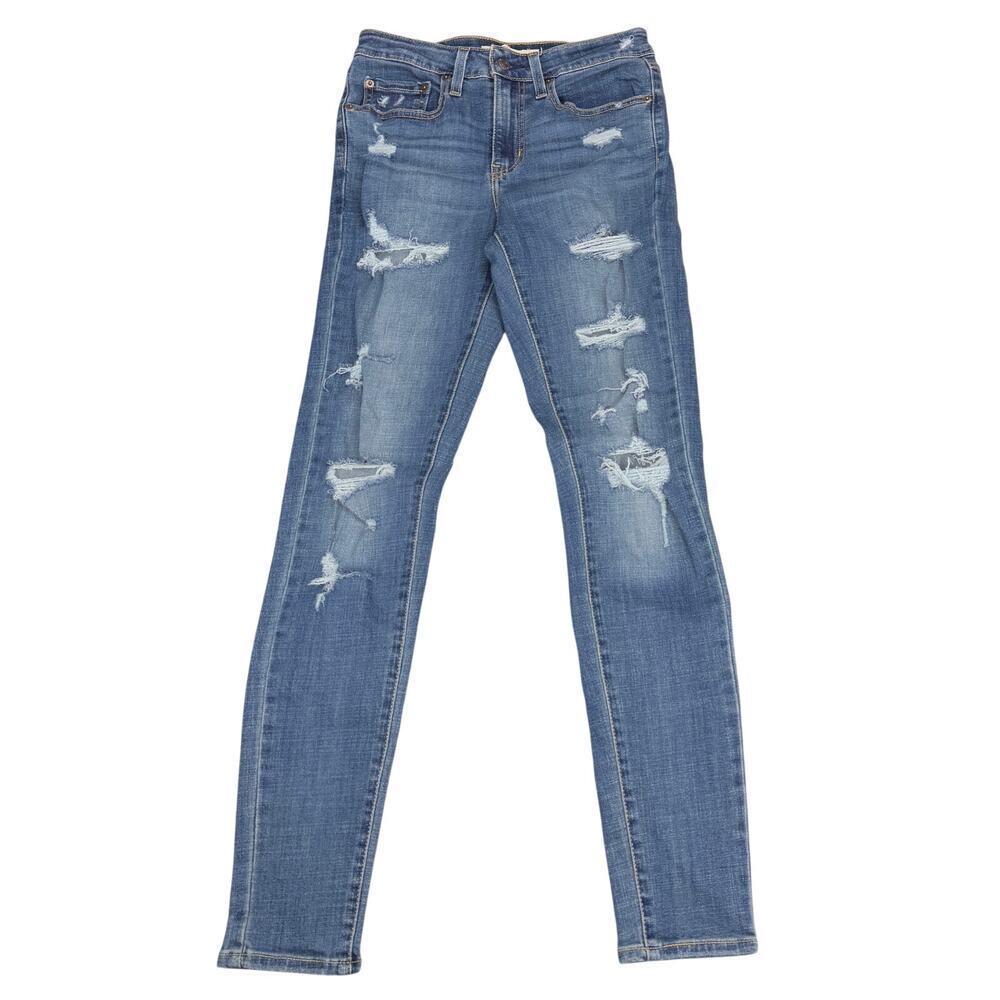 LEVI'S 721 High Rise Skinny Jean Sz 27 Blue Distressed Ripped Detail - Picture 2 of 7